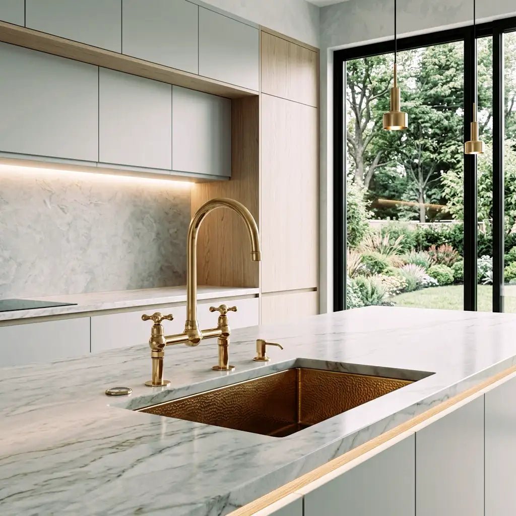 Unlacquered Solid Brass Bridge Faucet, Vintage Kitchen Sink Tap - handcrafted luxury Kitchen Faucets for kitchen and bathroom interiors by Brooklyn Brass