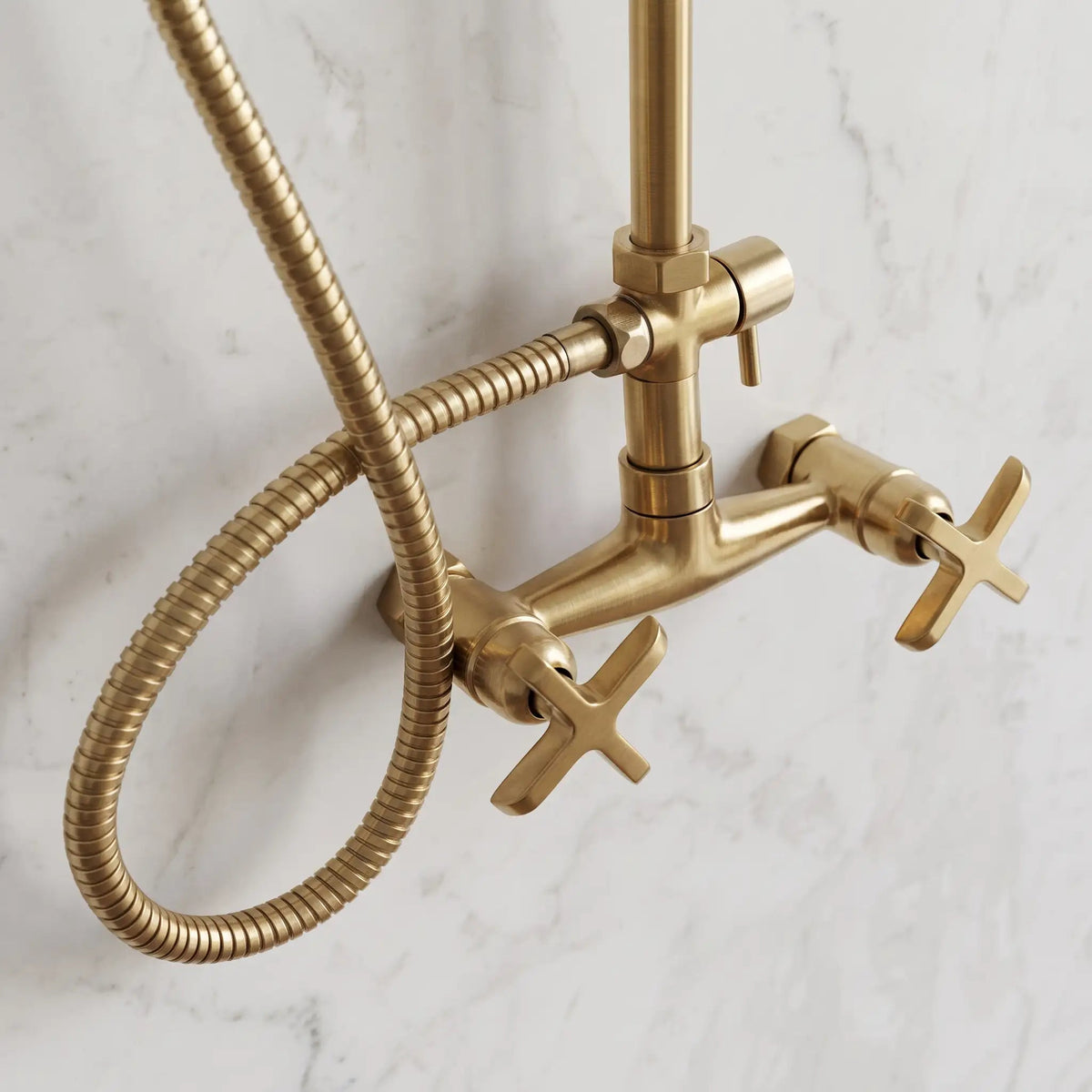 Unlacquered Solid Brass Exposed Shower System with Handheld and Curved Arm Shower - handcrafted luxury Showers for kitchen and bathroom interiors by Brooklyn Brass