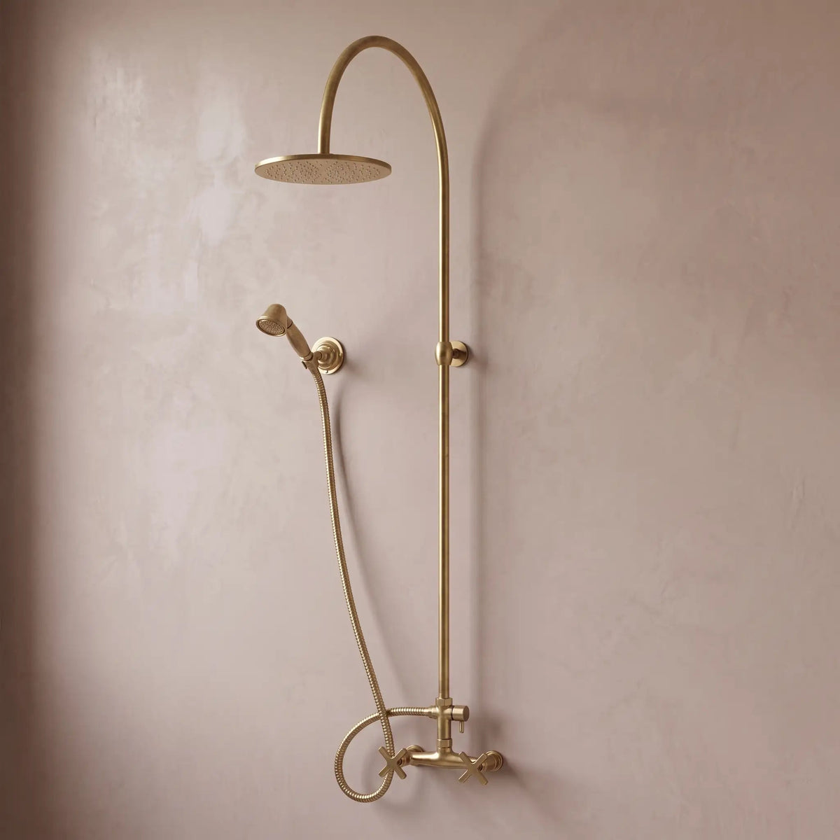 Unlacquered Solid Brass Exposed Shower System with Handheld and Curved Arm Shower - handcrafted luxury Showers for kitchen and bathroom interiors by Brooklyn Brass