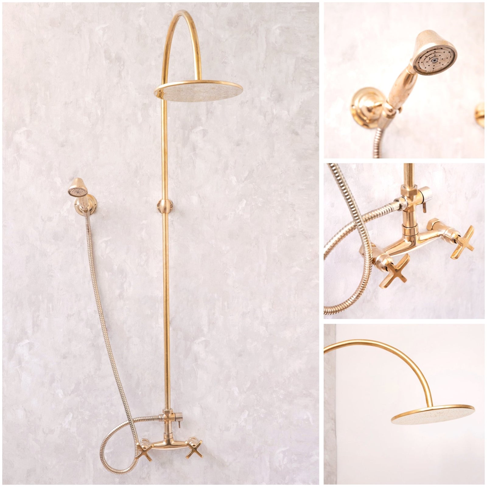Unlacquered Solid Brass Exposed Shower System with Handheld and Curved Arm Shower - handcrafted luxury Showers for kitchen and bathroom interiors by Brooklyn Brass