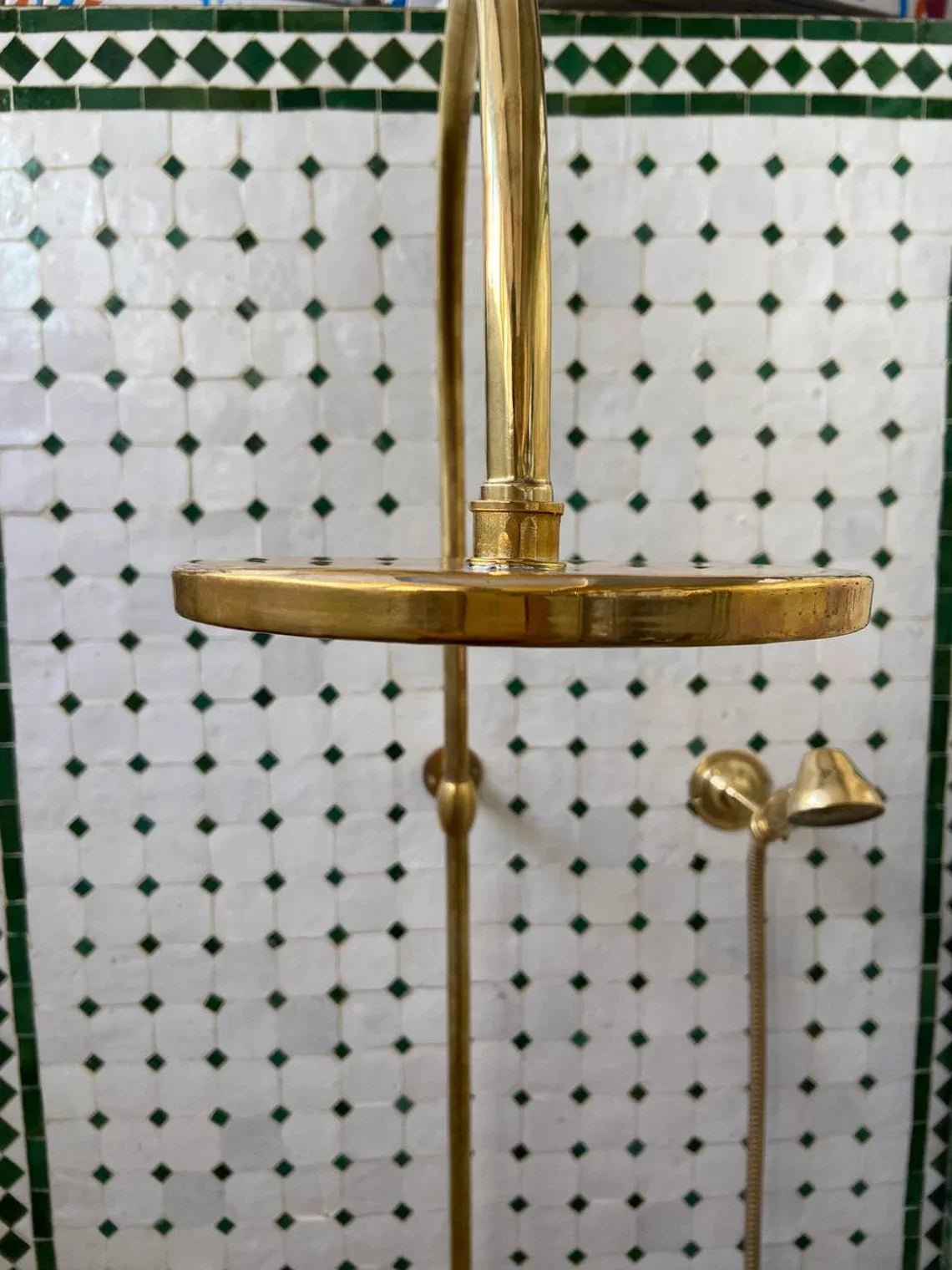 Unlacquered Solid Brass Exposed Shower System with Handheld and Curved Shower Arm - handcrafted luxury Shower Systems for kitchen and bathroom interiors by Brooklyn Brass