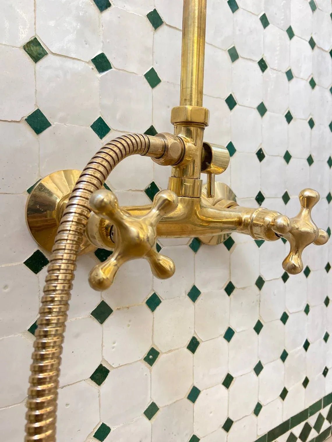 Unlacquered Solid Brass Exposed Shower System with Handheld and Curved Shower Arm - handcrafted luxury Shower Systems for kitchen and bathroom interiors by Brooklyn Brass