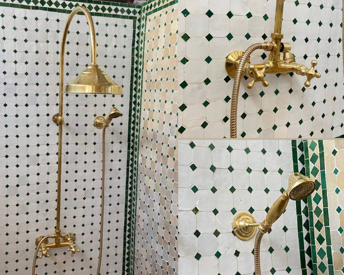 Unlacquered Solid Brass Exposed Shower System with Handheld and Curved Shower Arm - handcrafted luxury Shower Systems for kitchen and bathroom interiors by Brooklyn Brass