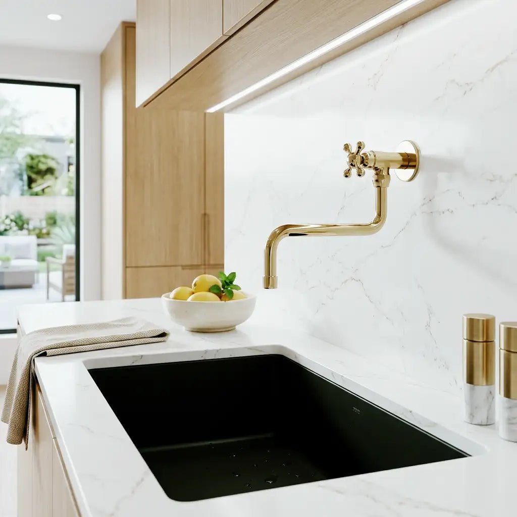 Unlacquered Solid Brass Pot Filler Faucet - Wall Mounted Kitchen Stove Pot - handcrafted luxury Kitchen Faucets for kitchen and bathroom interiors by Brooklyn Brass
