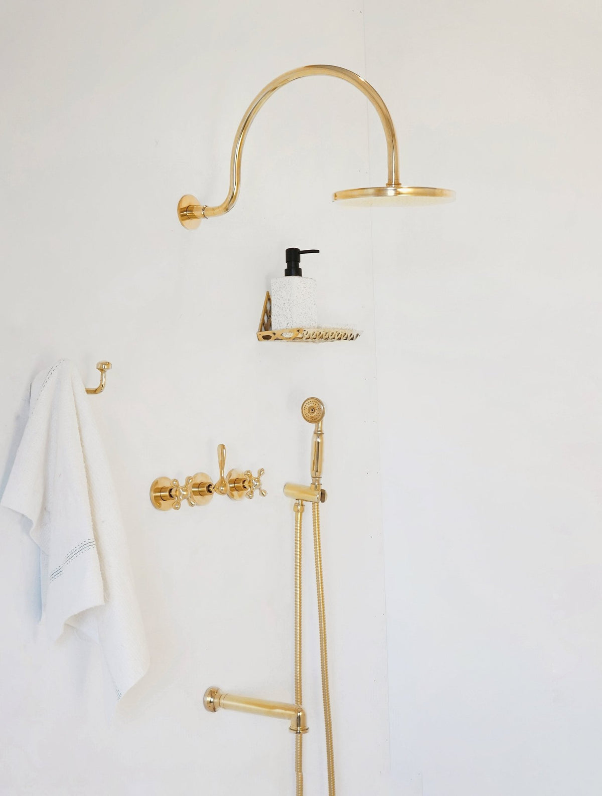 Unlacquered Solid Brass Shower System, High Pressure Curved Arm - handcrafted luxury Showers for kitchen and bathroom interiors by Brooklyn Brass