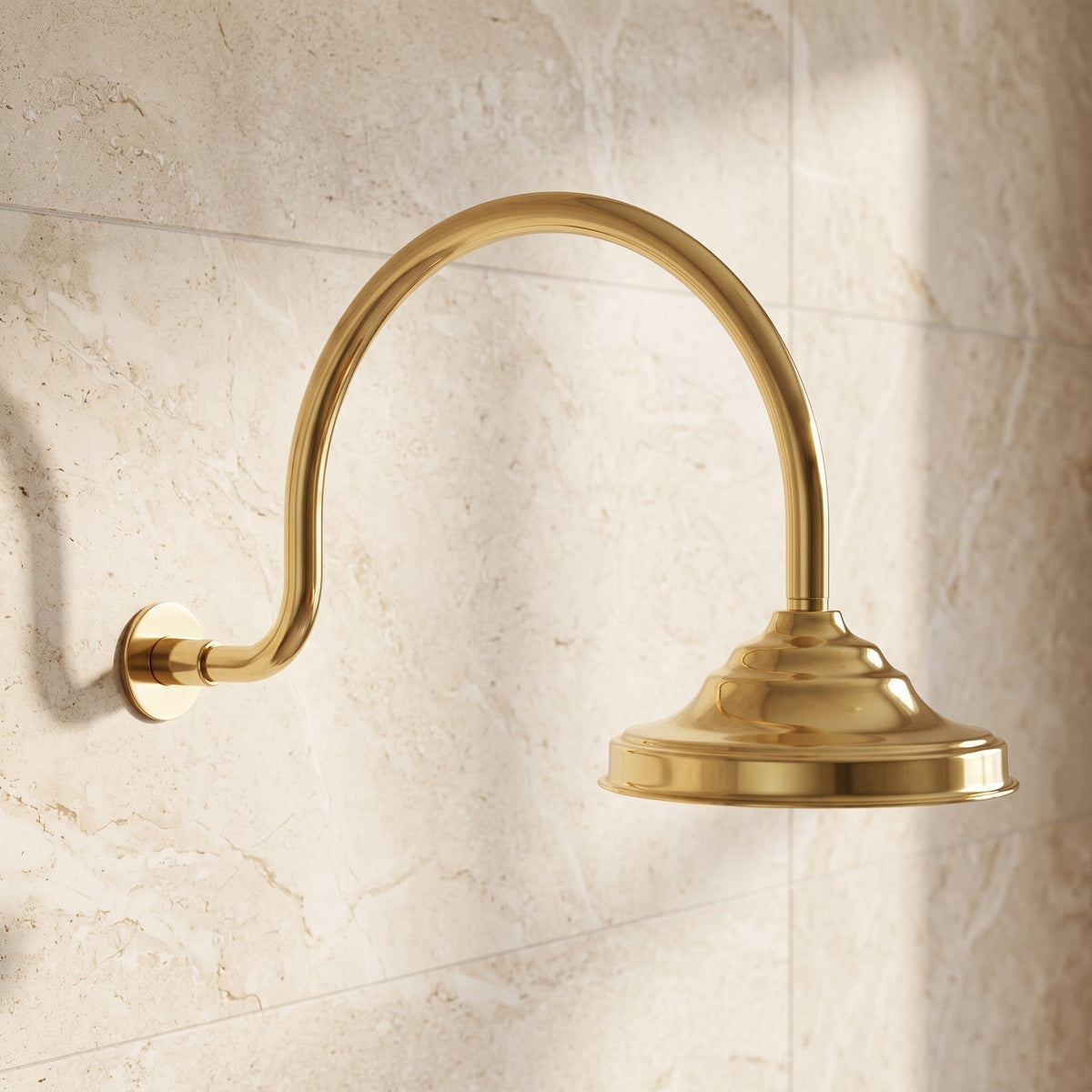 Unlacquered Solid Brass Shower System, High Pressure Curved Arm - handcrafted luxury Showers for kitchen and bathroom interiors by Brooklyn Brass