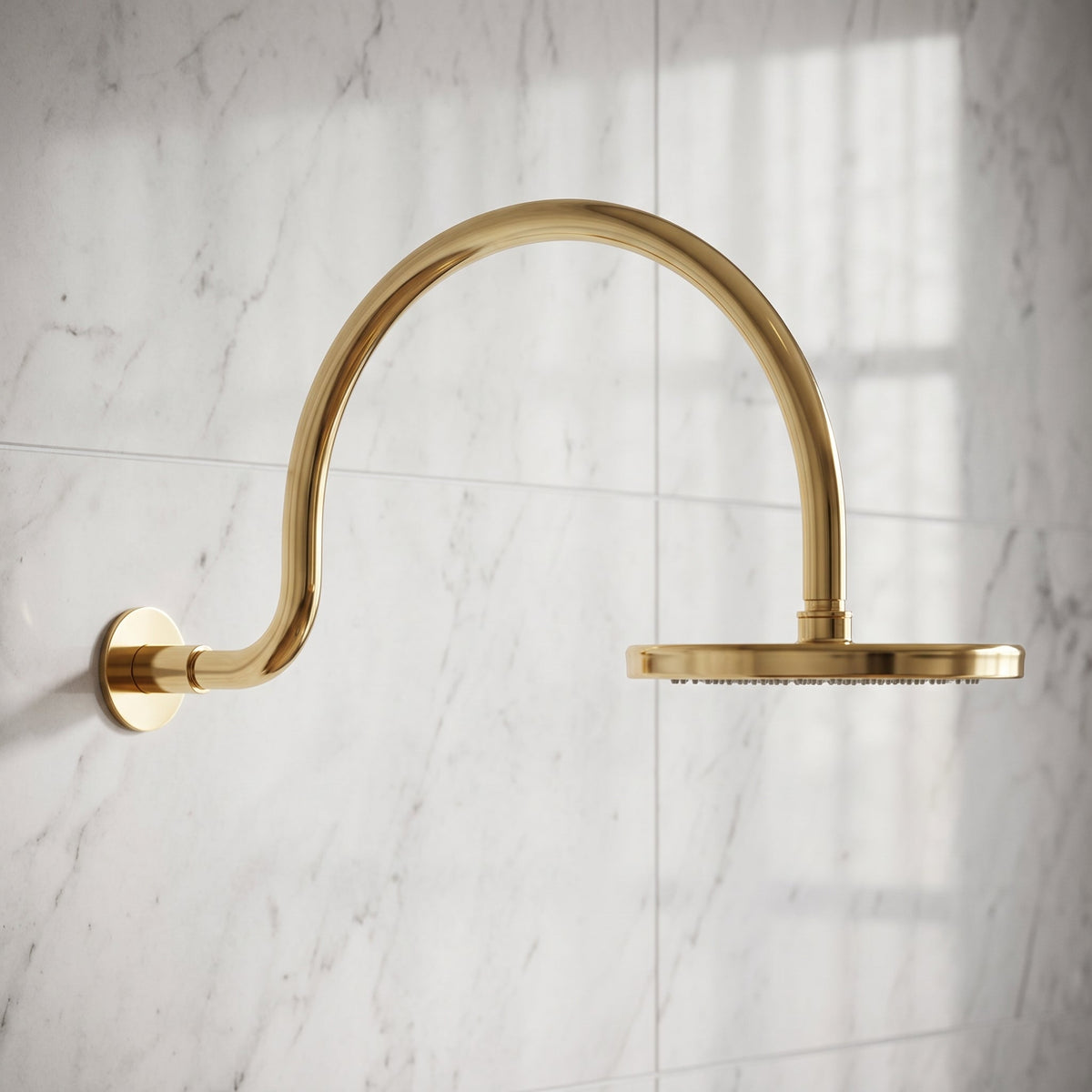 Unlacquered Solid Brass Shower System, High Pressure Curved Arm - handcrafted luxury Showers for kitchen and bathroom interiors by Brooklyn Brass