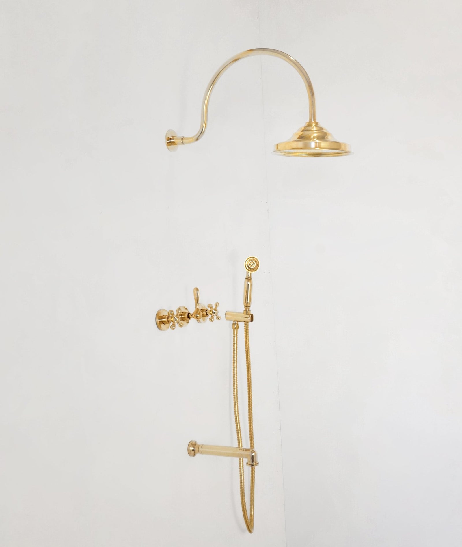 Unlacquered Solid Brass Shower System, High Pressure Curved Arm - handcrafted luxury Showers for kitchen and bathroom interiors by Brooklyn Brass