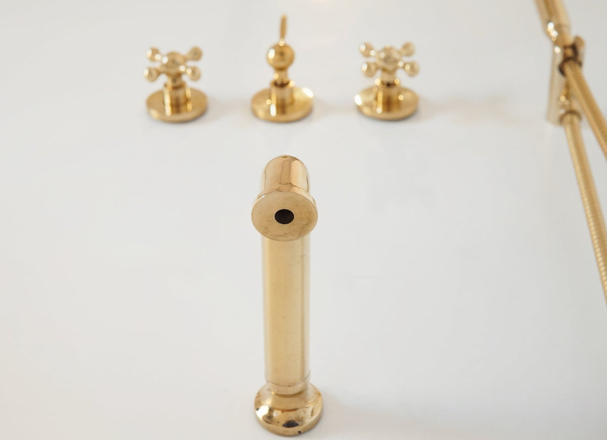 Unlacquered Solid Brass Shower System, High Pressure Curved Arm - handcrafted luxury Showers for kitchen and bathroom interiors by Brooklyn Brass