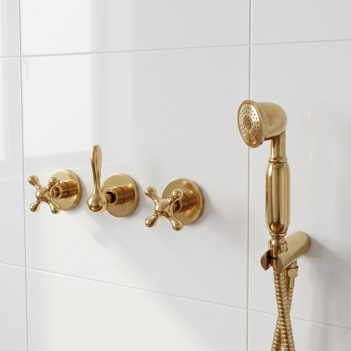 Unlacquered Solid Brass Shower System, High Pressure Curved Arm - handcrafted luxury Showers for kitchen and bathroom interiors by Brooklyn Brass