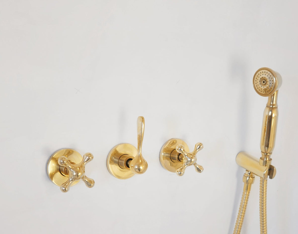Unlacquered Solid Brass Shower System, High Pressure Curved Arm - handcrafted luxury Showers for kitchen and bathroom interiors by Brooklyn Brass
