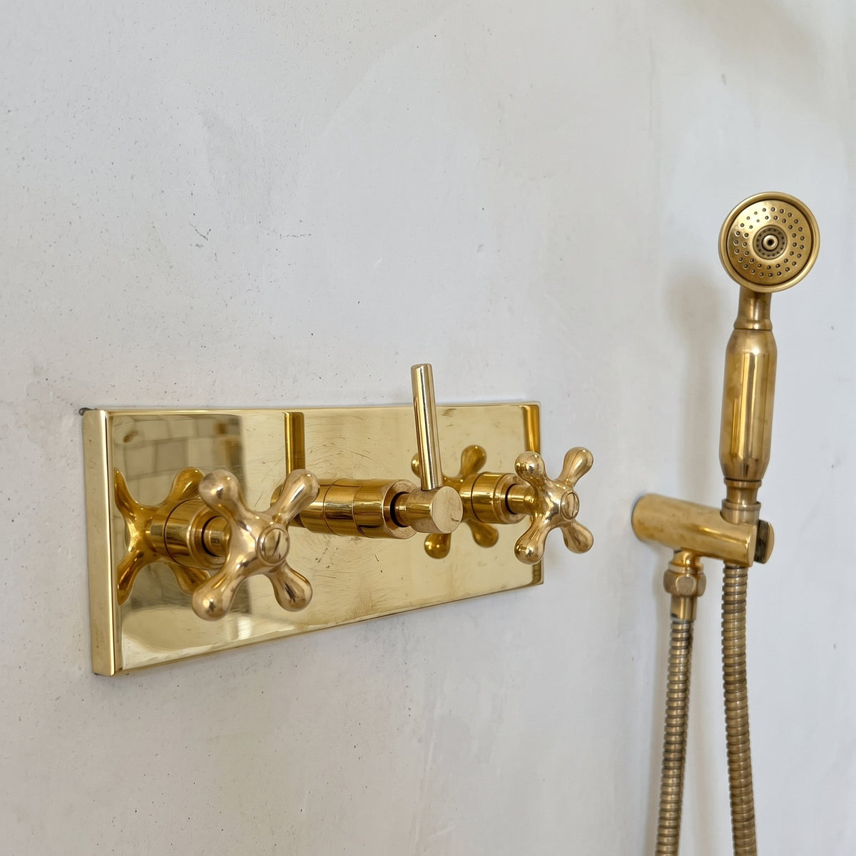 Unlacquered Solid Brass Shower System, Rainfall And Handheld Shower Set - handcrafted luxury Showers for kitchen and bathroom interiors by Brooklyn Brass