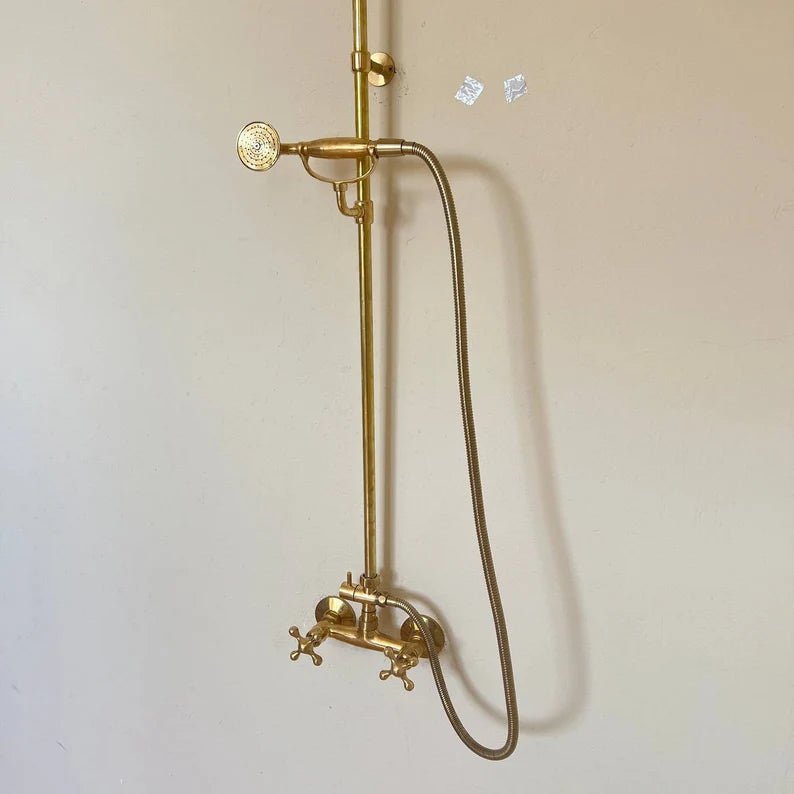 Unlacquered Solid Brass Shower System with Handheld - Exposed High Pressure Shower - handcrafted luxury Showers for kitchen and bathroom interiors by Brooklyn Brass