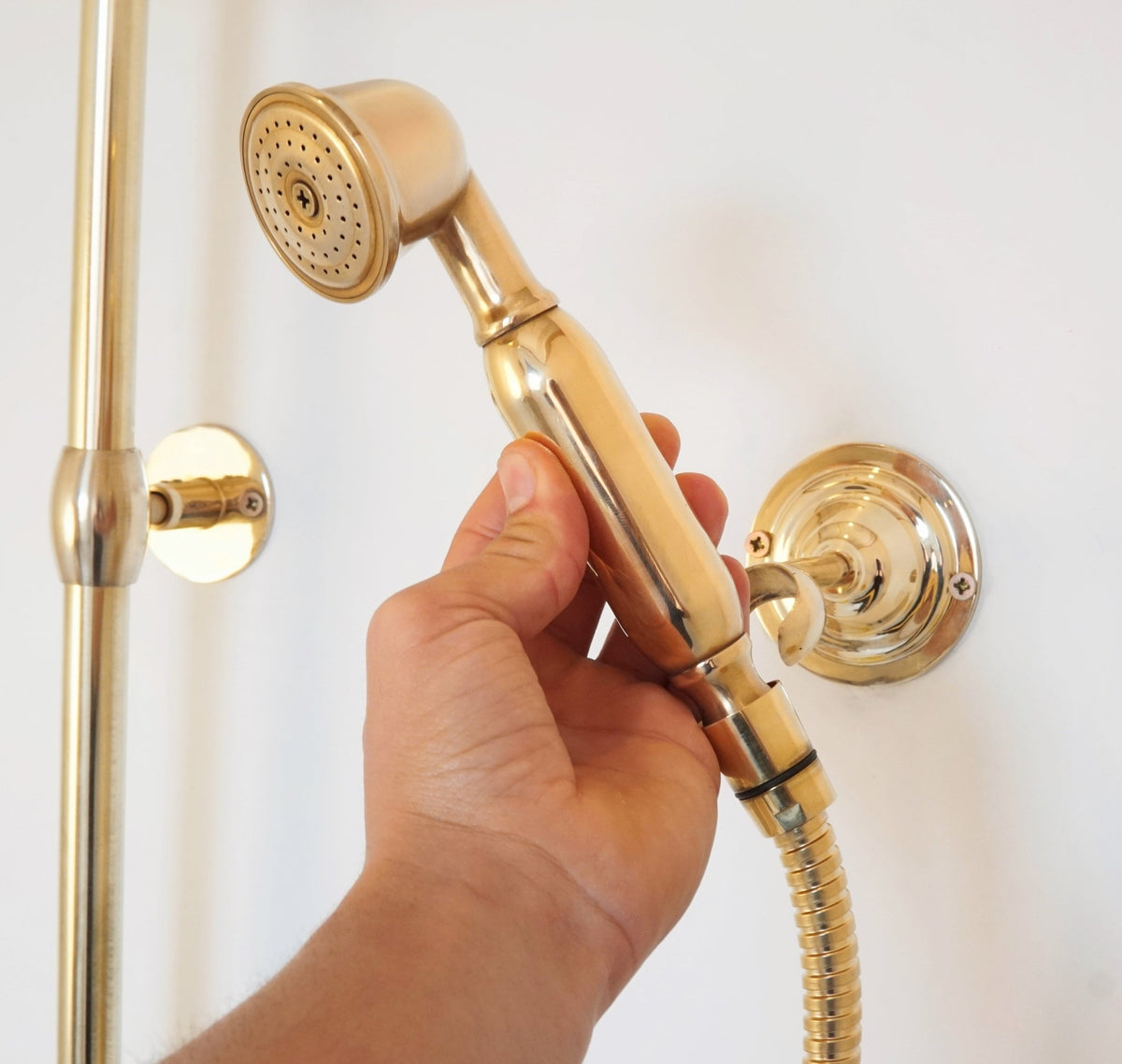 Unlacquered Solid Brass Shower System with Handheld - Exposed High Pressure Shower - handcrafted luxury Showers for kitchen and bathroom interiors by Brooklyn Brass