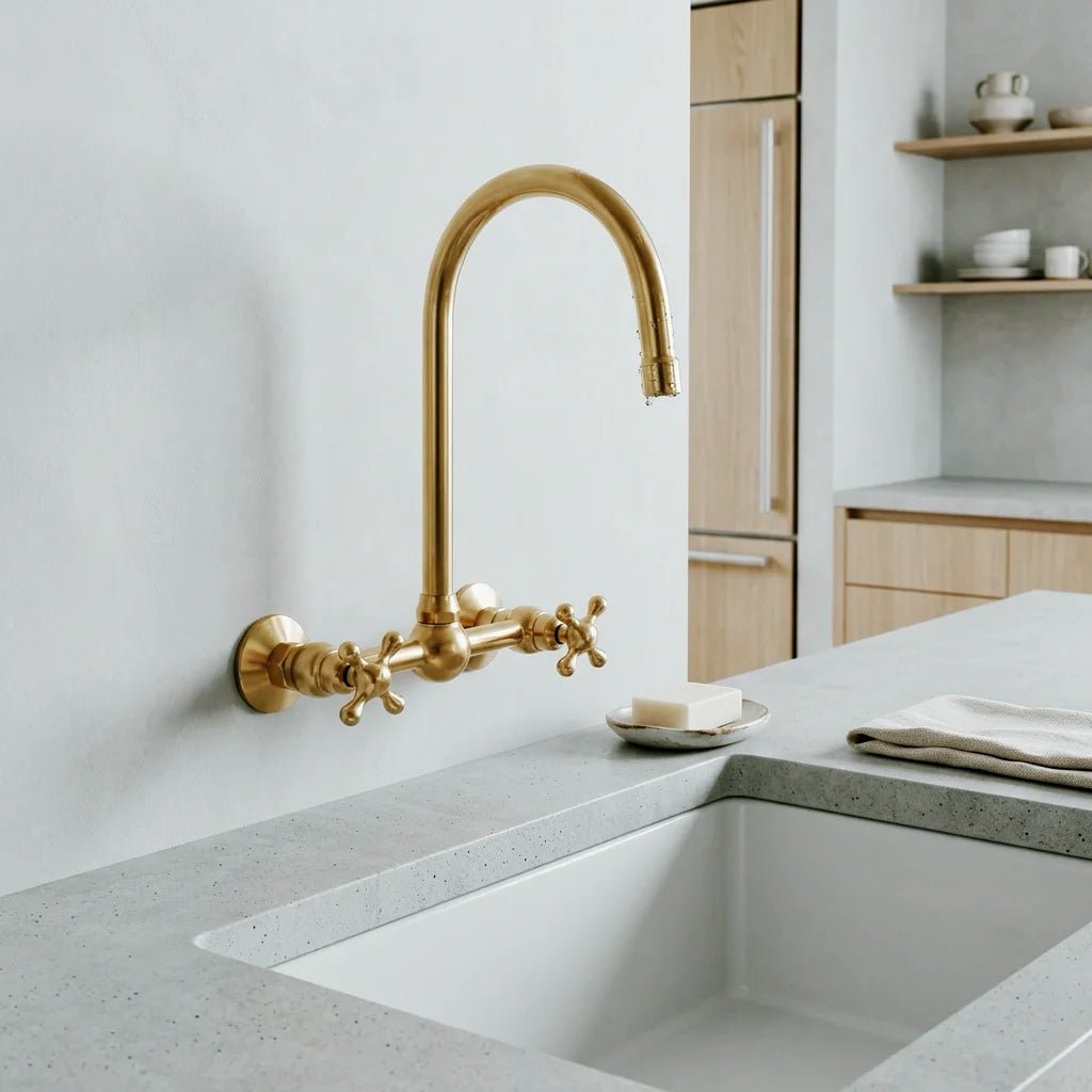 Unlacquered Wall Mounted Brass Gooseneck Faucet for Bathroom and Kitchen - handcrafted luxury Kitchen Faucets for kitchen and bathroom interiors by Brooklyn Brass