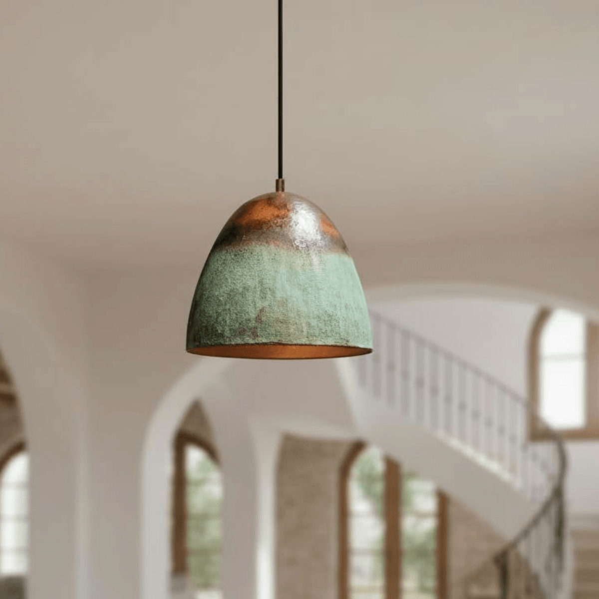 Verdigris Copper Bell Pendant – Green Patina Oxidized Ceiling Fixture - handcrafted luxury for kitchen and bathroom interiors by Brooklyn Brass