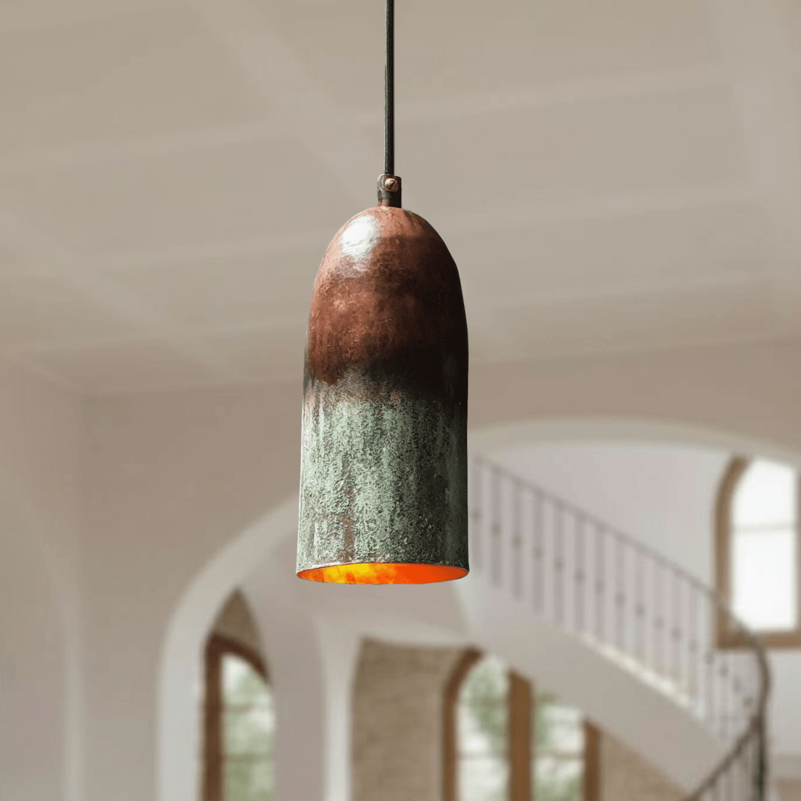 Verdigris Copper Cylinder Pendant – Tall Green Patina Ceiling Fixture - handcrafted luxury for kitchen and bathroom interiors by Brooklyn Brass