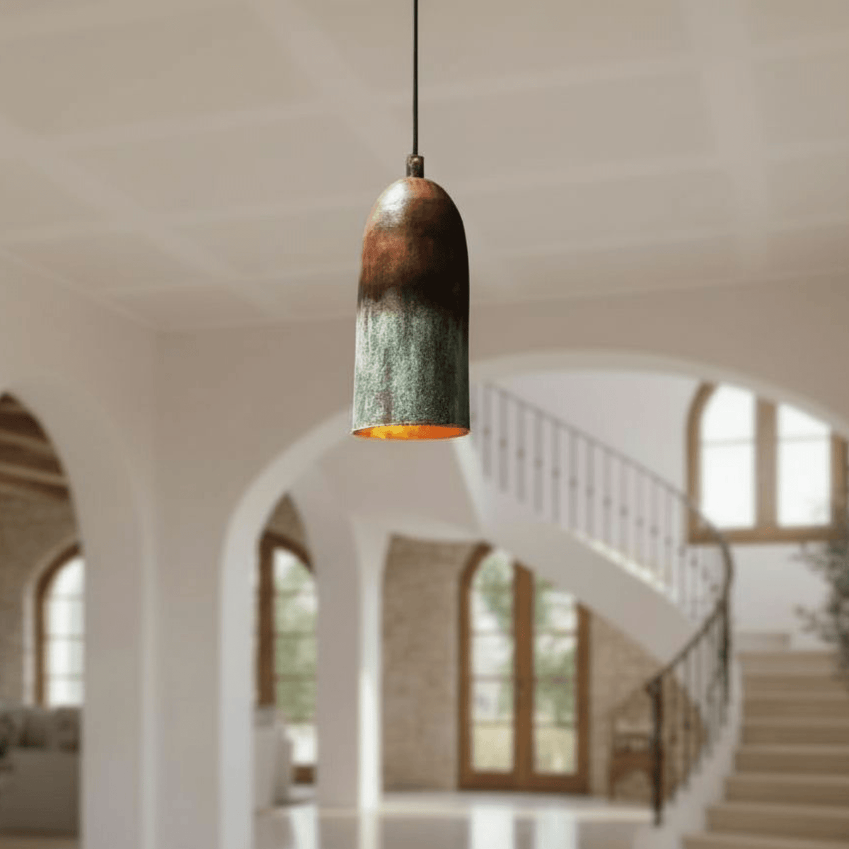 Verdigris Copper Cylinder Pendant – Tall Green Patina Ceiling Fixture - handcrafted luxury for kitchen and bathroom interiors by Brooklyn Brass