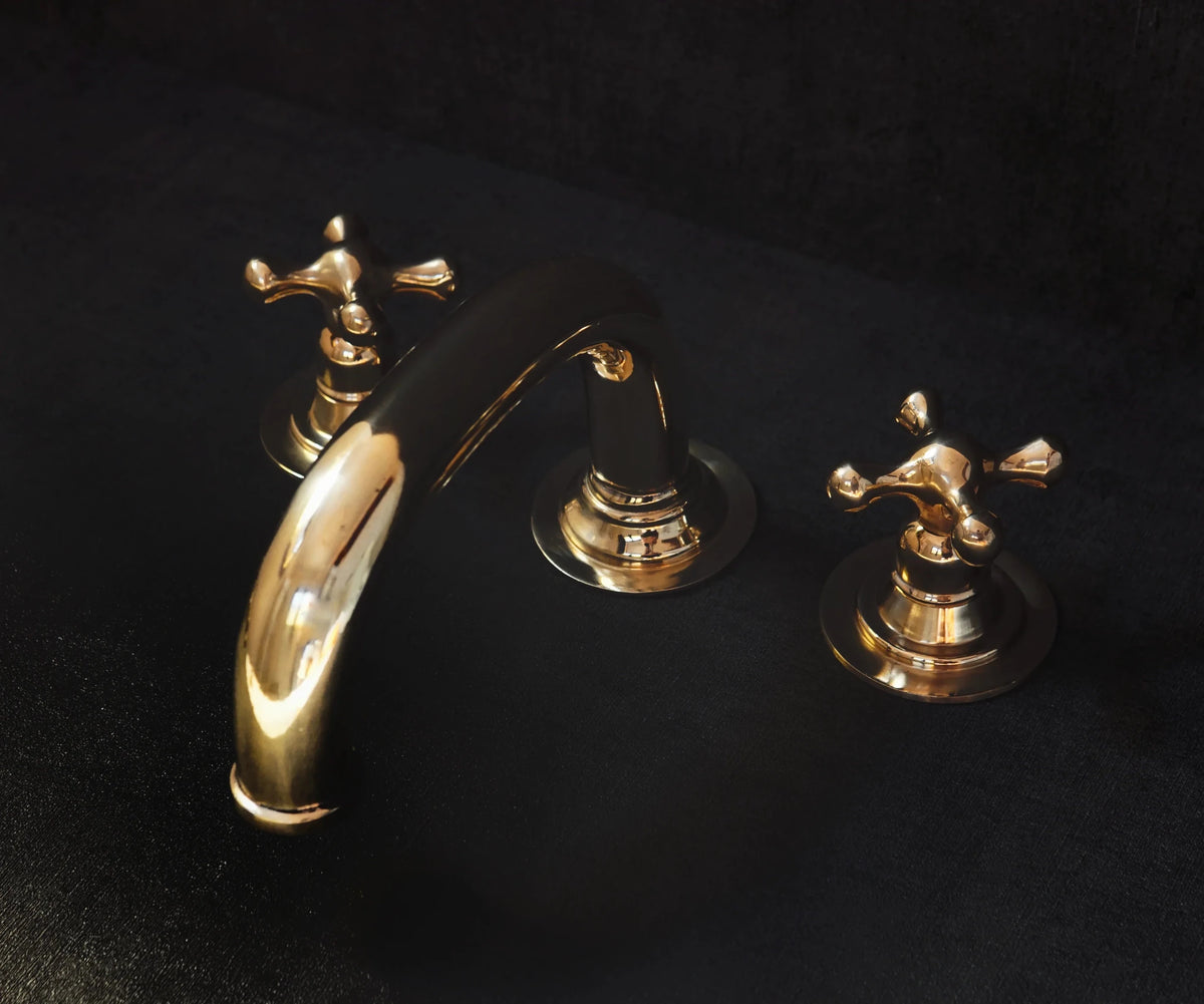 Widespread 3 Holes Solid Unlacquered Brass Faucet, Antique Brass Bathroom Tap - handcrafted luxury Bathroom Faucets for kitchen and bathroom interiors by Brooklyn Brass