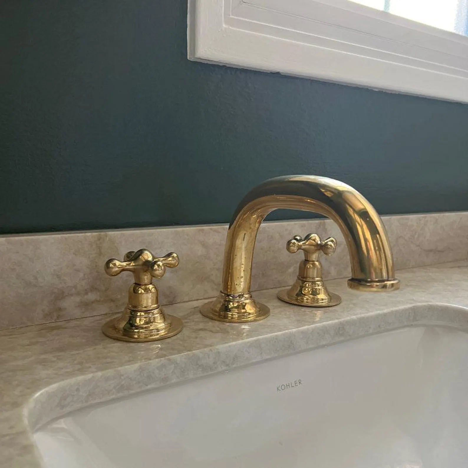 Widespread 3 Holes Solid Unlacquered Brass Faucet, Antique Brass Bathroom Tap - handcrafted luxury Bathroom Faucets for kitchen and bathroom interiors by Brooklyn Brass