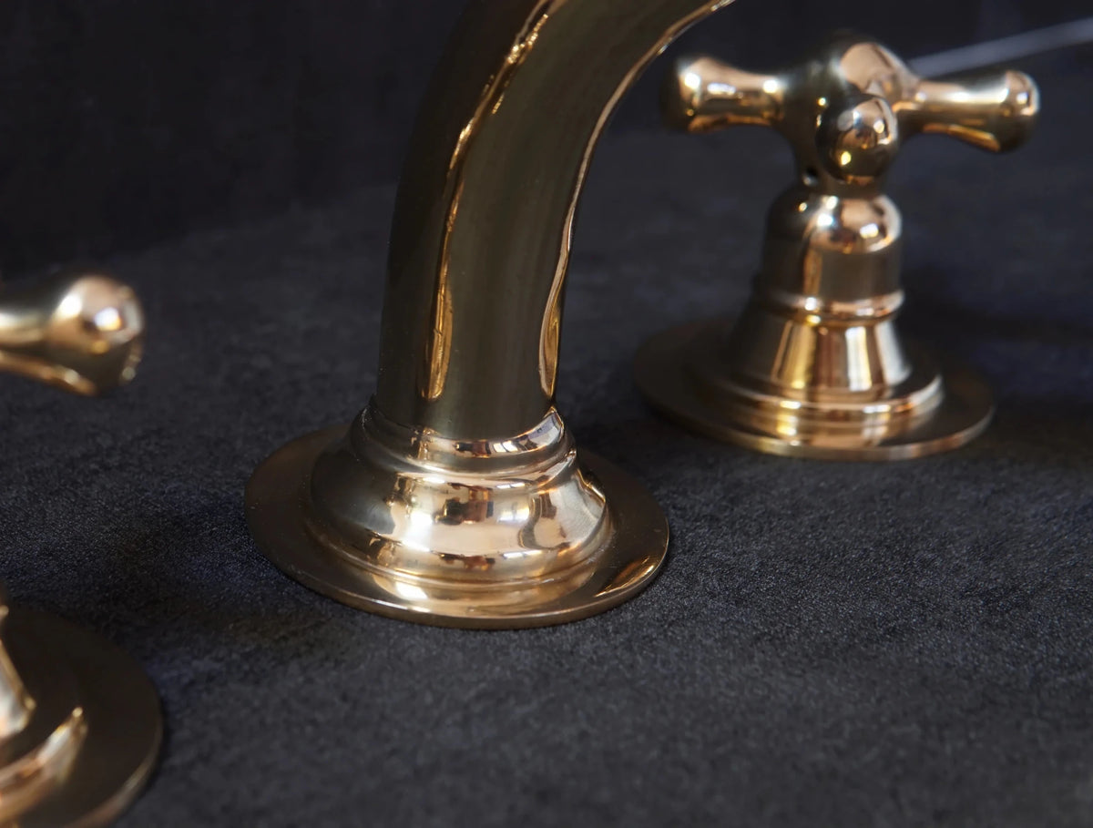 Widespread 3 Holes Solid Unlacquered Brass Faucet, Antique Brass Bathroom Tap - handcrafted luxury Bathroom Faucets for kitchen and bathroom interiors by Brooklyn Brass