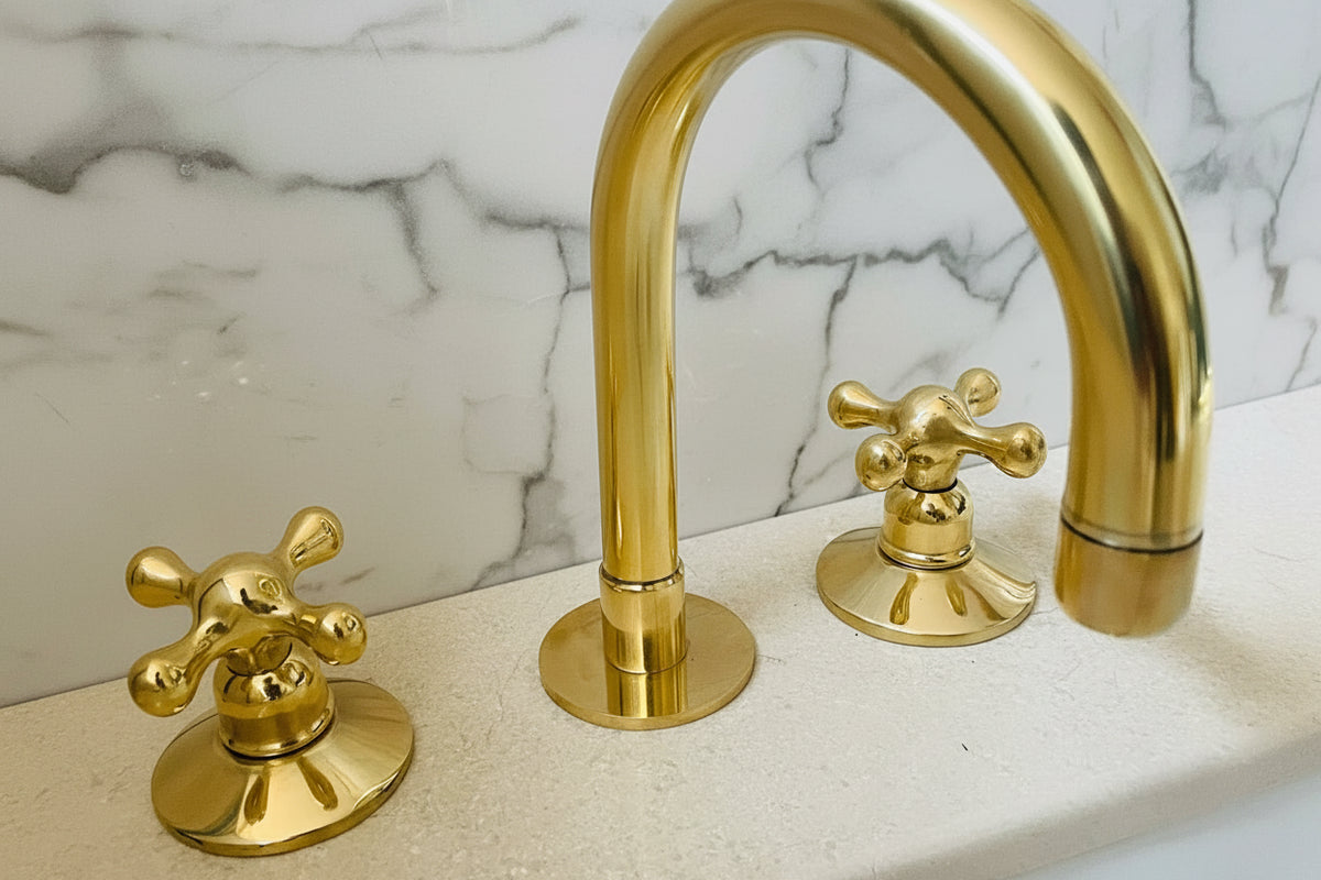 Widespread 3 Holes Solid Unlacquered Brass Faucet, Vanity Sink Bathroom Tap - handcrafted luxury Bathroom Faucets for kitchen and bathroom interiors by Brooklyn Brass