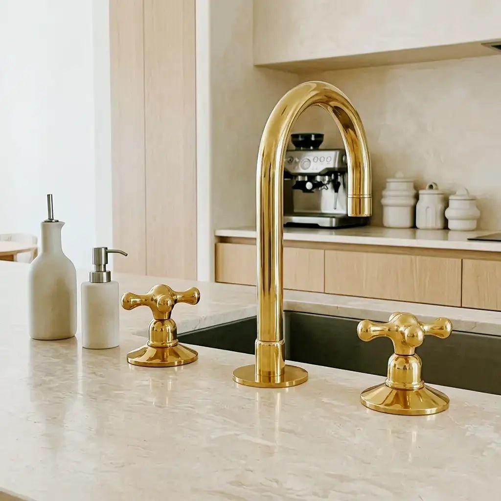 Widespread 3 Holes Solid Unlacquered Brass Faucet, Vanity Sink Bathroom Tap - handcrafted luxury Bathroom Faucets for kitchen and bathroom interiors by Brooklyn Brass