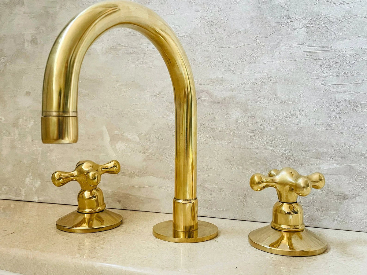 Widespread 3 Holes Solid Unlacquered Brass Faucet, Vanity Sink Bathroom Tap - handcrafted luxury Bathroom Faucets for kitchen and bathroom interiors by Brooklyn Brass