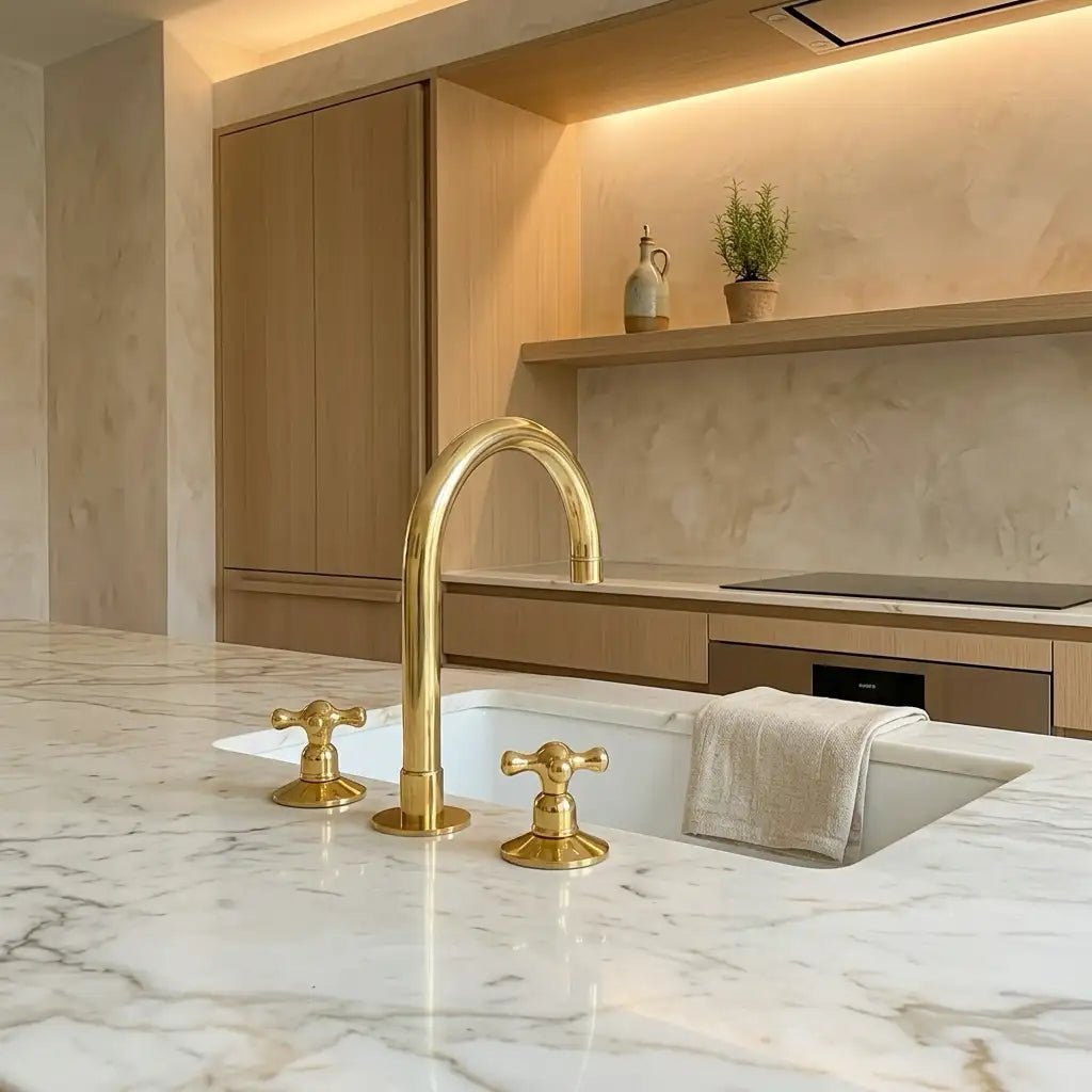 Widespread 3 Holes Solid Unlacquered Brass Faucet, Vanity Sink Bathroom Tap - handcrafted luxury Bathroom Faucets for kitchen and bathroom interiors by Brooklyn Brass