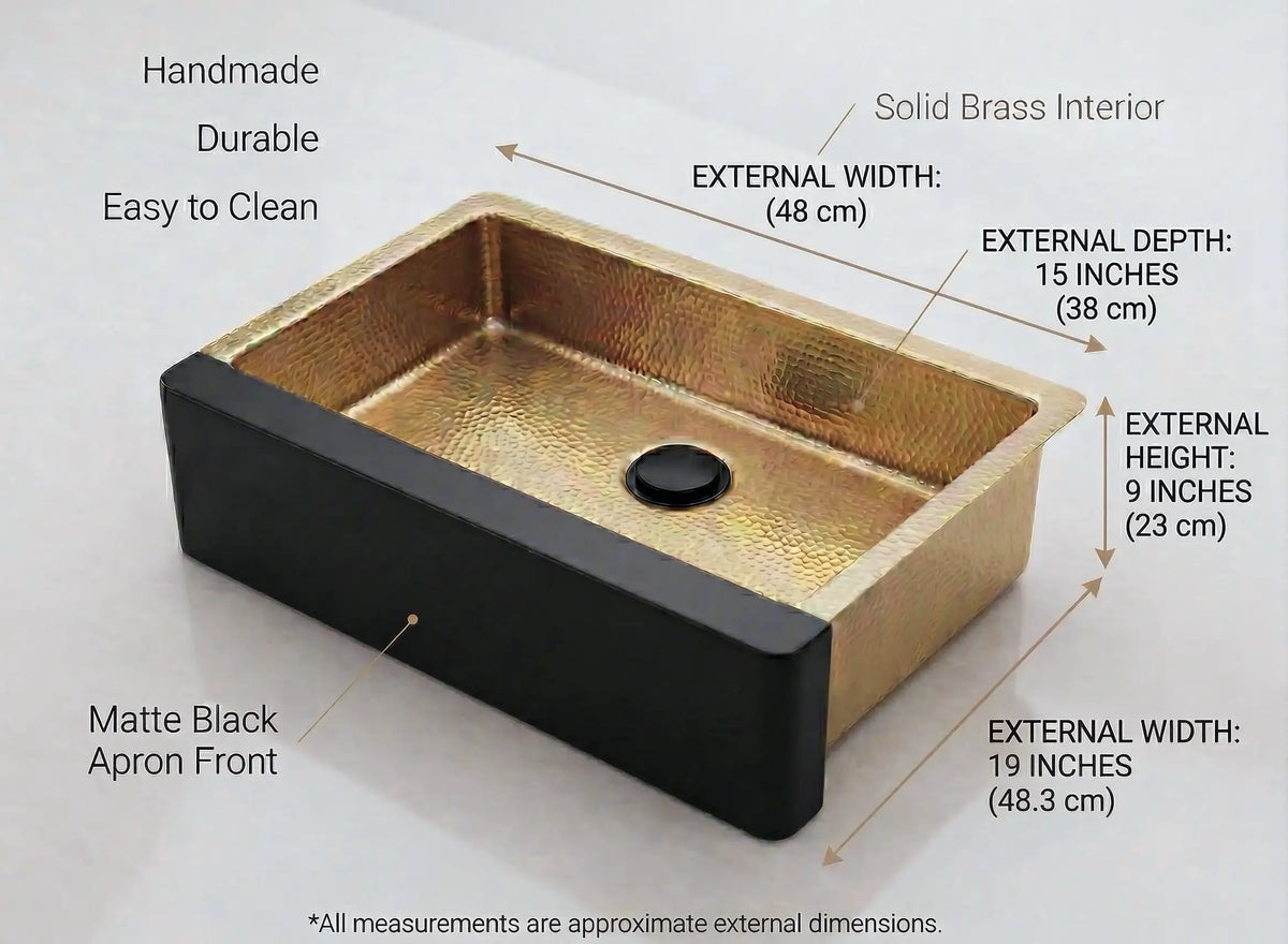 Hammered Brass Farmhouse Sink – Black Apron Front, Handmade Moroccan Kitchen Decor