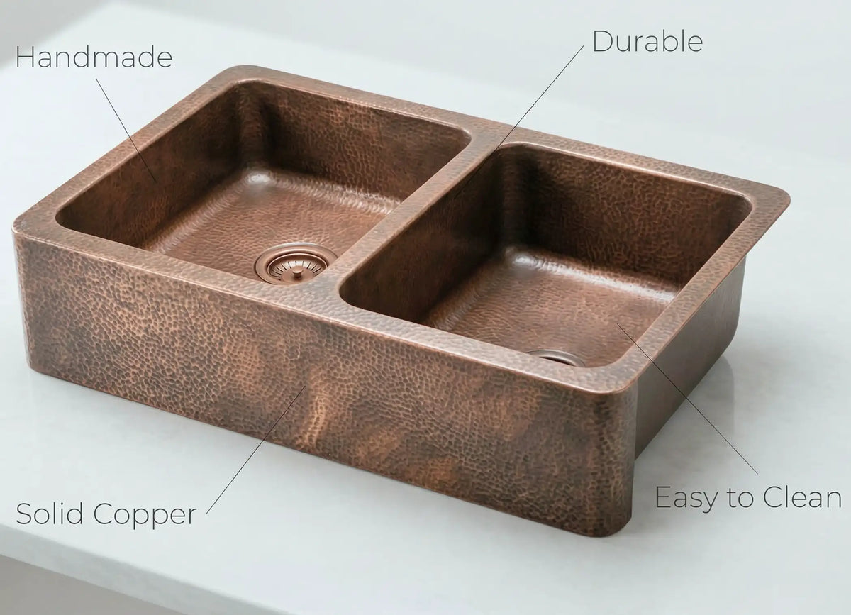 Hand-Hammered Copper Double Bowl Farmhouse Sink, Antique Moroccan Apron-Front Kitchen Basin