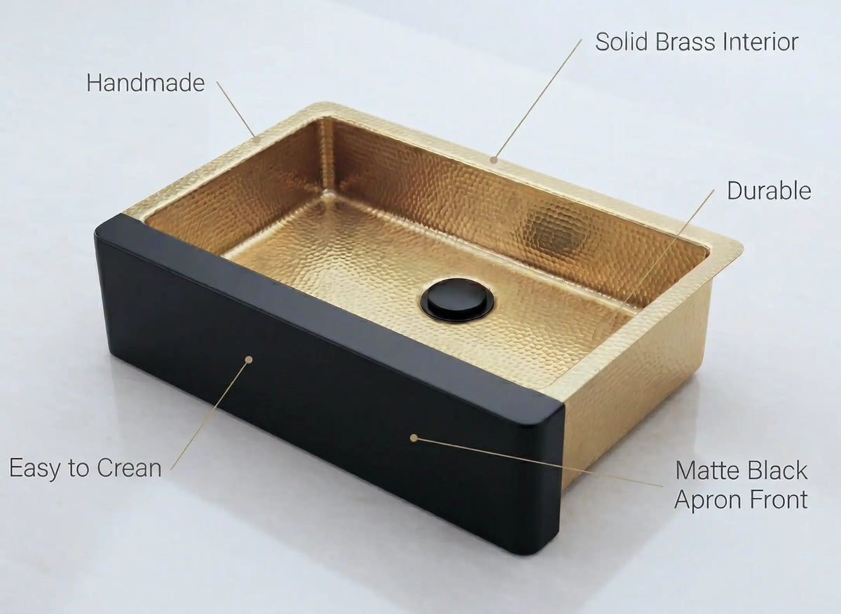 Hammered Brass Farmhouse Sink – Black Apron Front, Handmade Moroccan Kitchen Decor