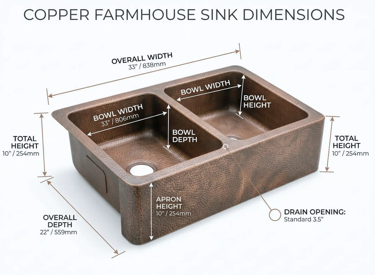 Hand-Hammered Copper Double Bowl Farmhouse Sink, Antique Moroccan Apron-Front Kitchen Basin