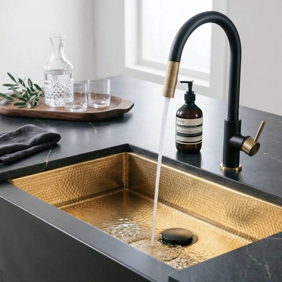Hammered Brass Farmhouse Sink – Black Apron Front, Handmade Moroccan Kitchen Decor