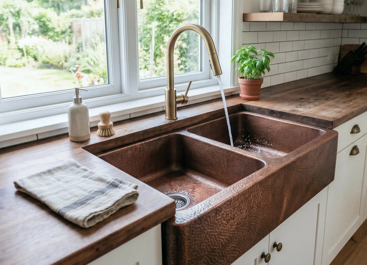 Hand-Hammered Copper Double Bowl Farmhouse Sink, Antique Moroccan Apron-Front Kitchen Basin
