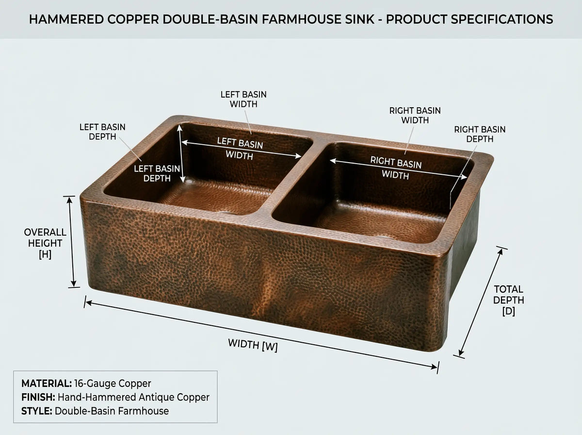 Hand-Hammered Copper Double Bowl Farmhouse Sink, Antique Moroccan Apron-Front Kitchen Basin