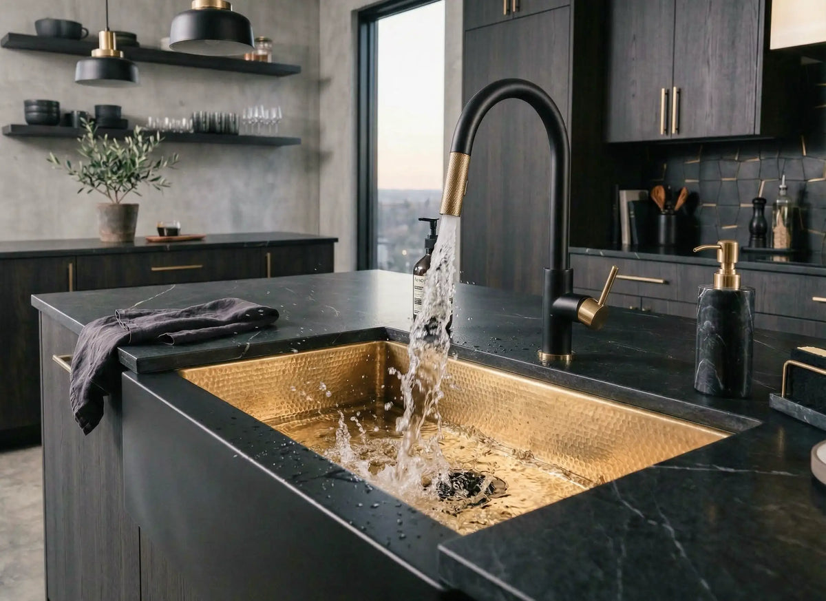 Hammered Brass Farmhouse Sink – Black Apron Front, Handmade Moroccan Kitchen Decor