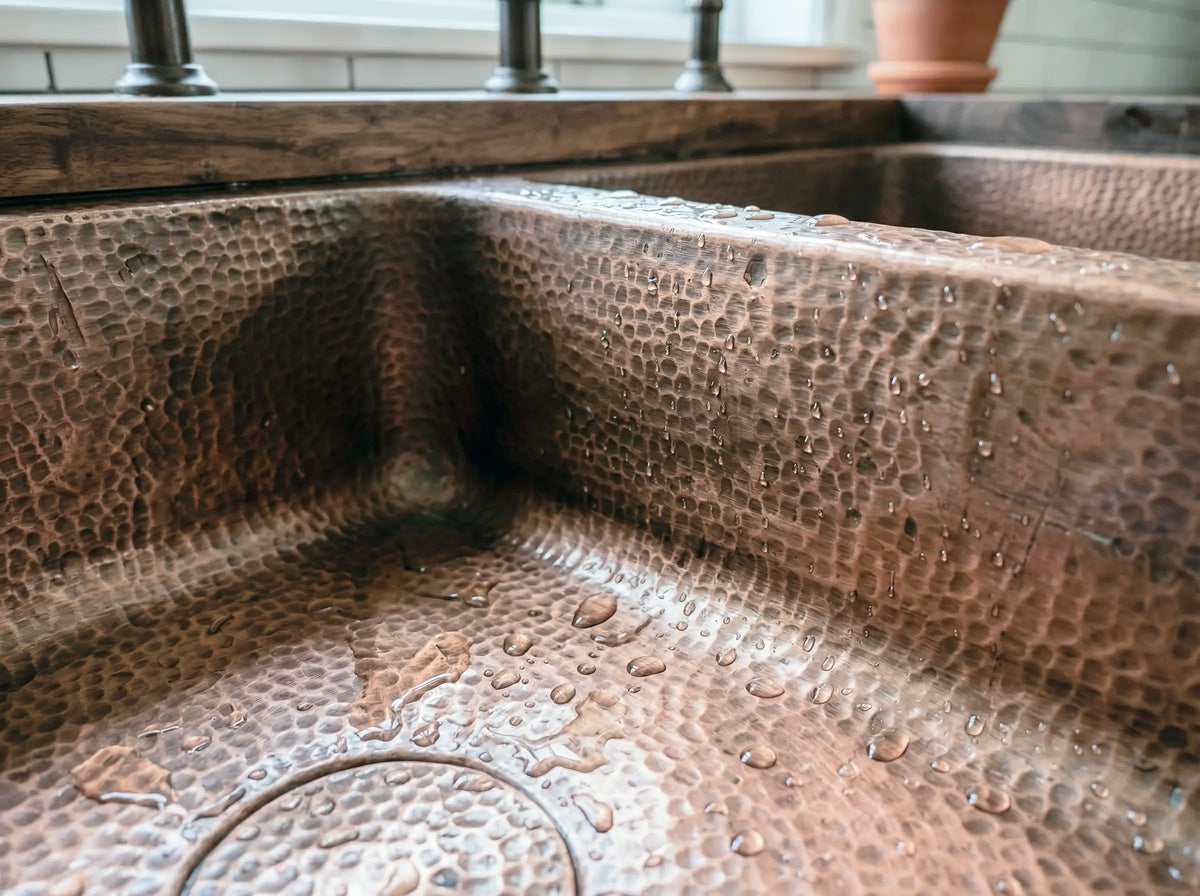 Hand-Hammered Copper Double Bowl Farmhouse Sink, Antique Moroccan Apron-Front Kitchen Basin