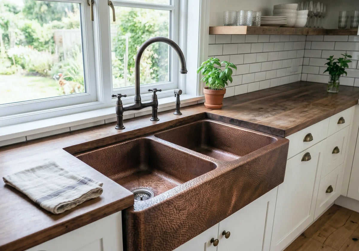Hand-Hammered Copper Double Bowl Farmhouse Sink, Antique Moroccan Apron-Front Kitchen Basin
