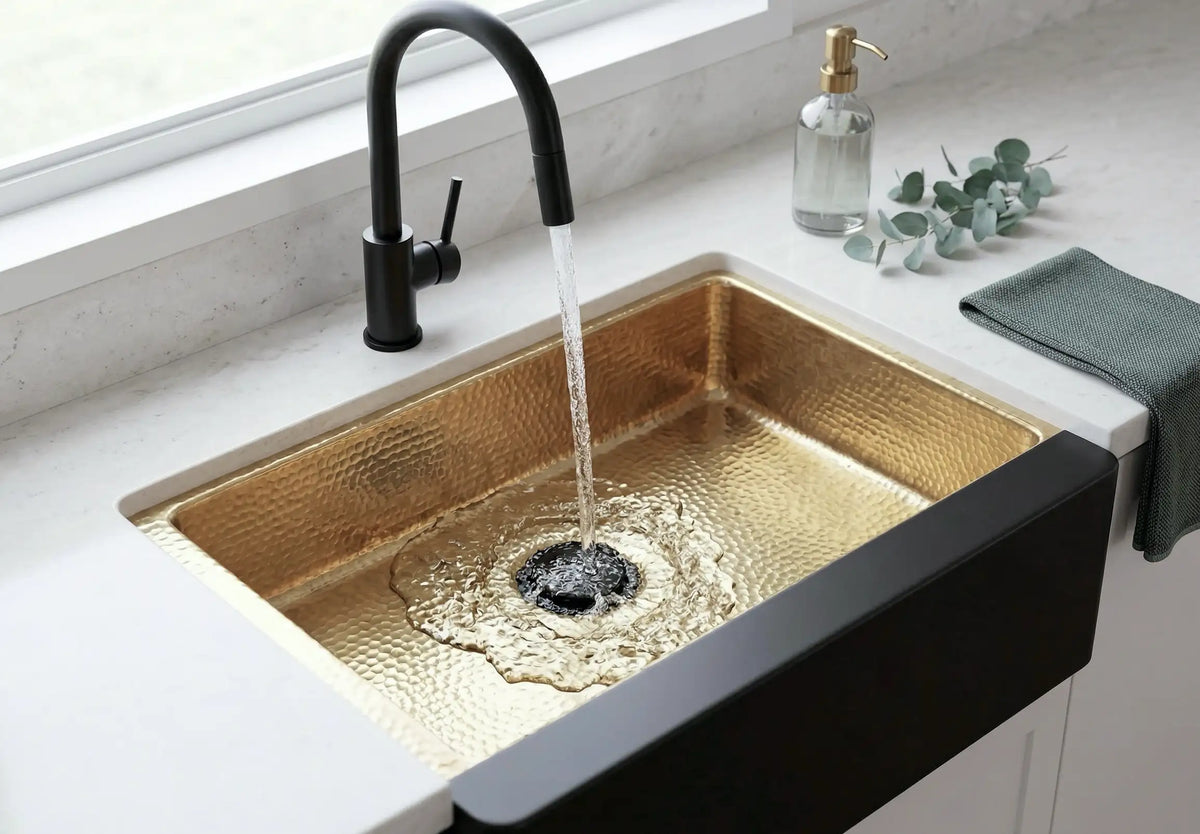 Hammered Brass Farmhouse Sink – Black Apron Front, Handmade Moroccan Kitchen Decor
