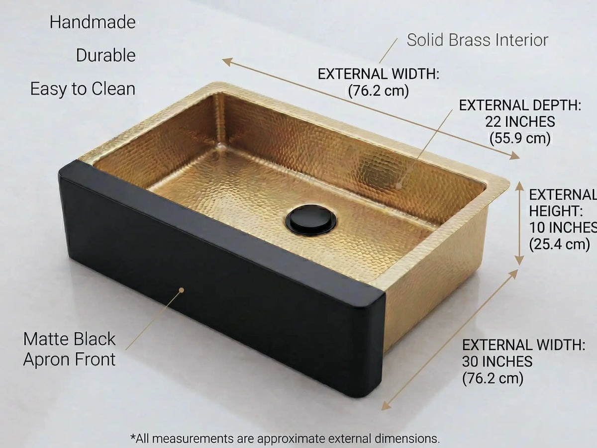 Hammered Brass Farmhouse Sink – Black Apron Front, Handmade Moroccan Kitchen Decor