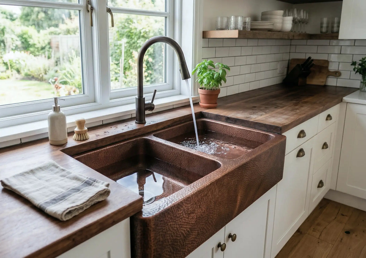 Kitchen with a copper sink, wooden countertop, and white cabinets.