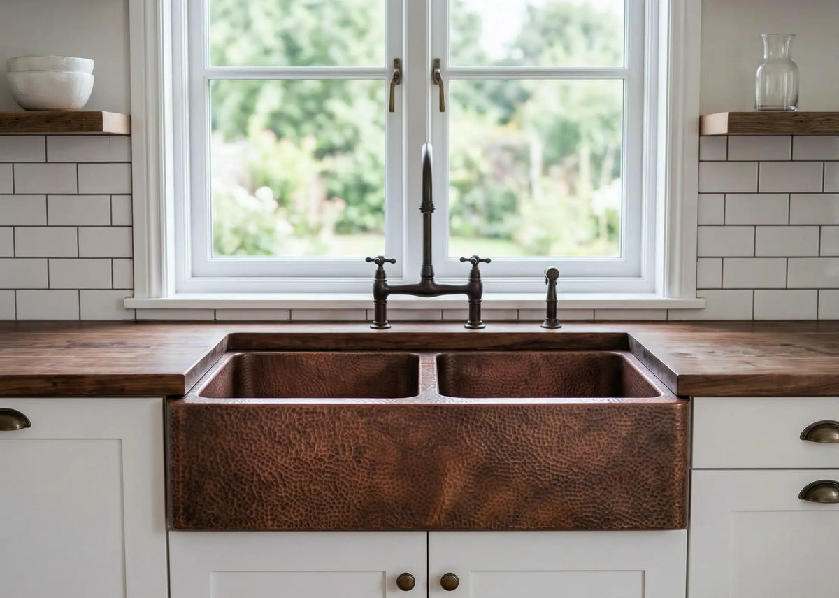 Hand-Hammered Copper Double Bowl Farmhouse Sink, Antique Moroccan Apron-Front Kitchen Basin
