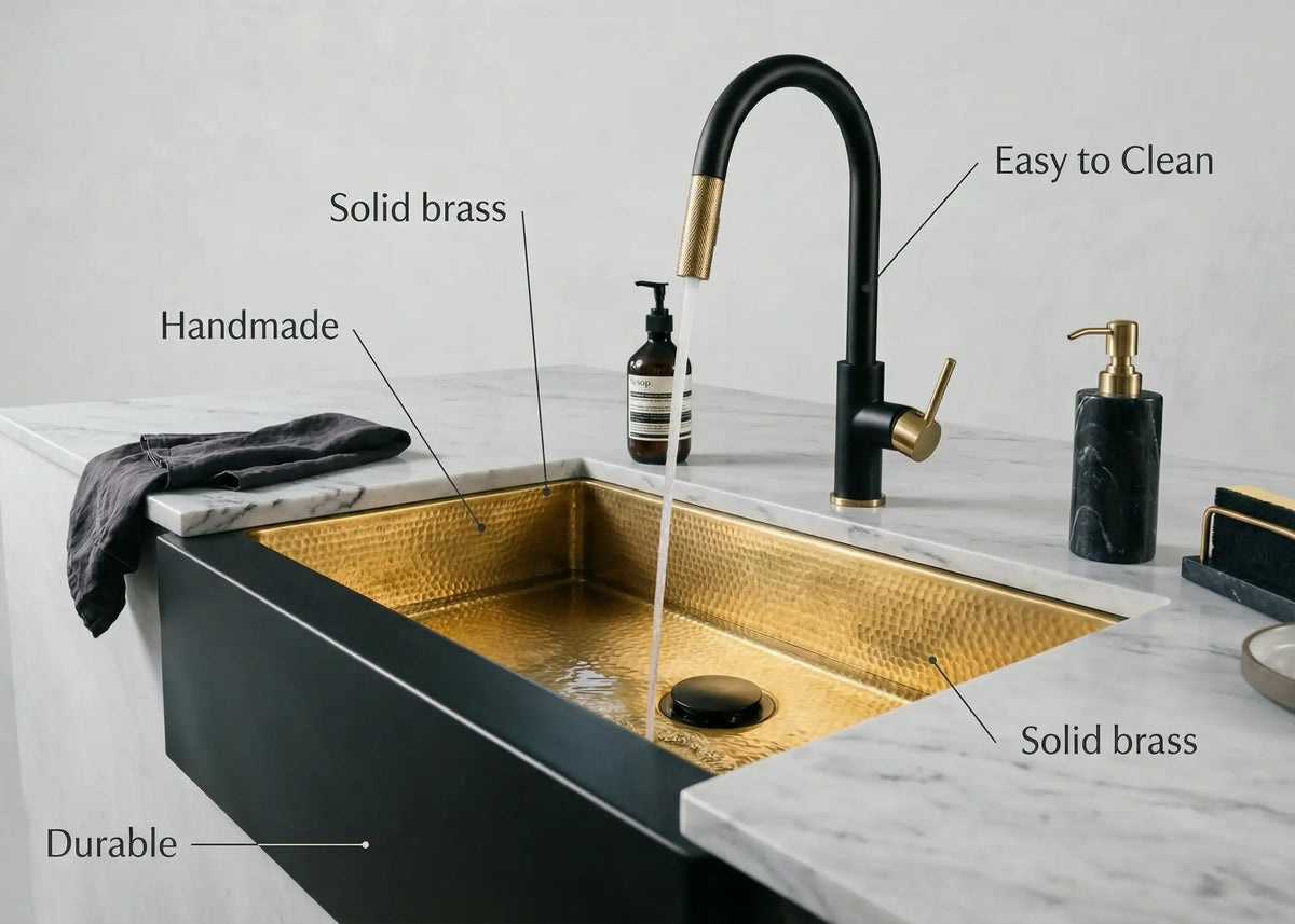 Hammered Brass Farmhouse Sink – Black Apron Front, Handmade Moroccan Kitchen Decor
