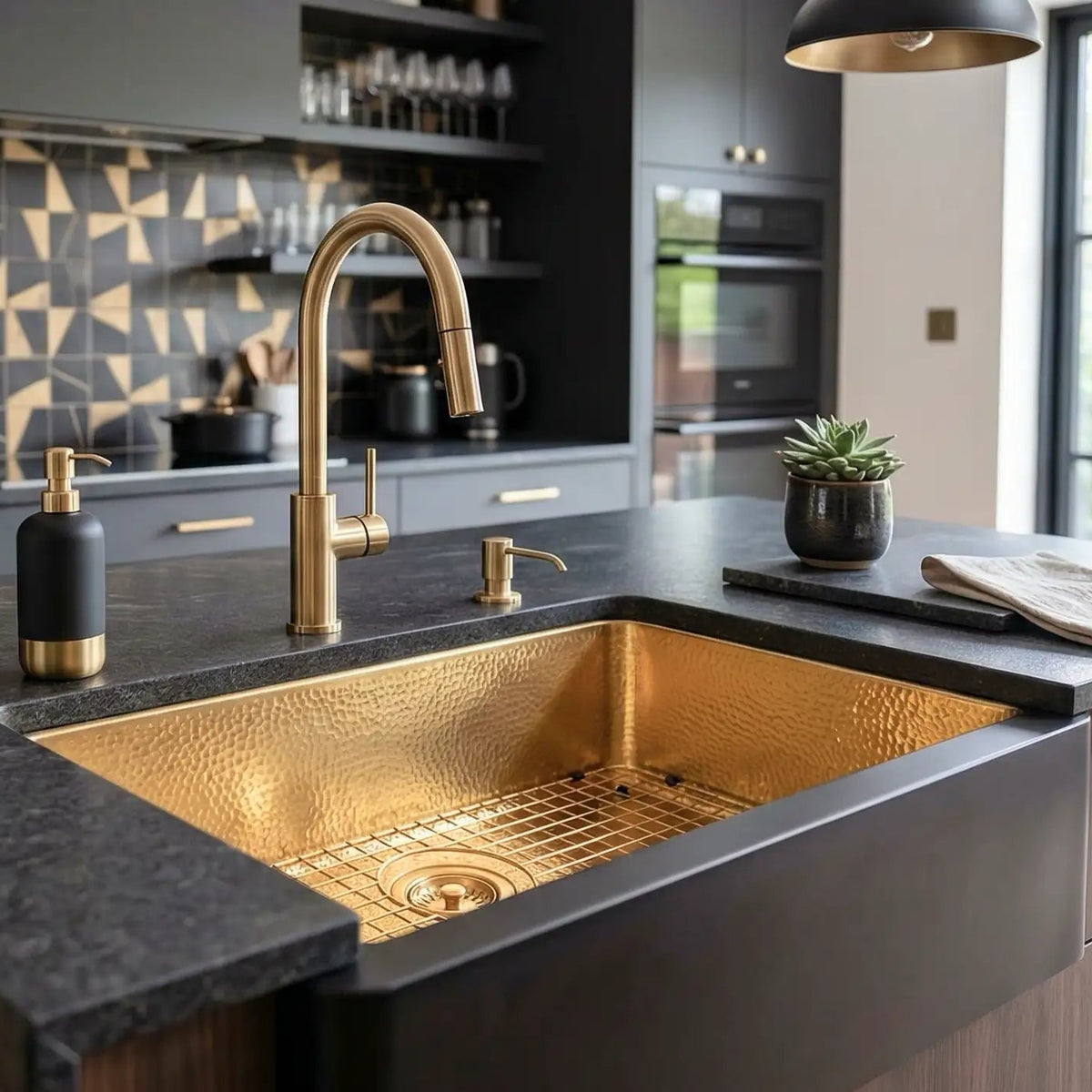 Hammered Brass Farmhouse Sink – Black Apron Front, Handmade Moroccan Kitchen Decor