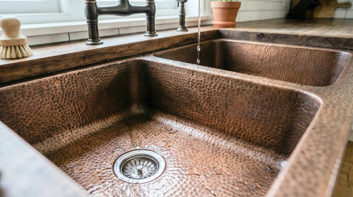 Hand-Hammered Copper Double Bowl Farmhouse Sink, Antique Moroccan Apron-Front Kitchen Basin