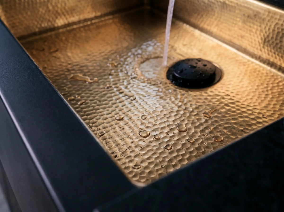Hammered Brass Farmhouse Sink – Black Apron Front, Handmade Moroccan Kitchen Decor