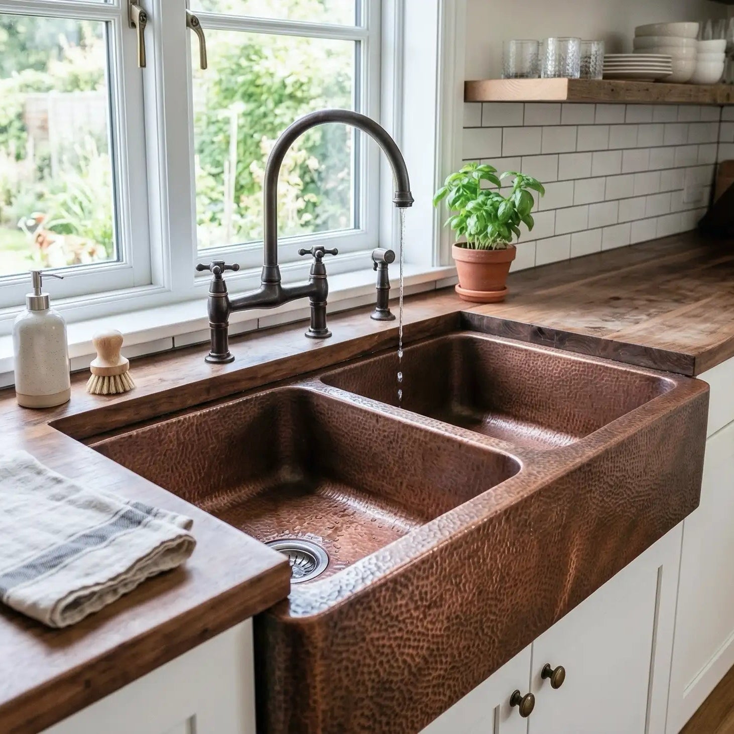 Hand-Hammered Copper Double Bowl Farmhouse Sink, Antique Moroccan Apron-Front Kitchen Basin