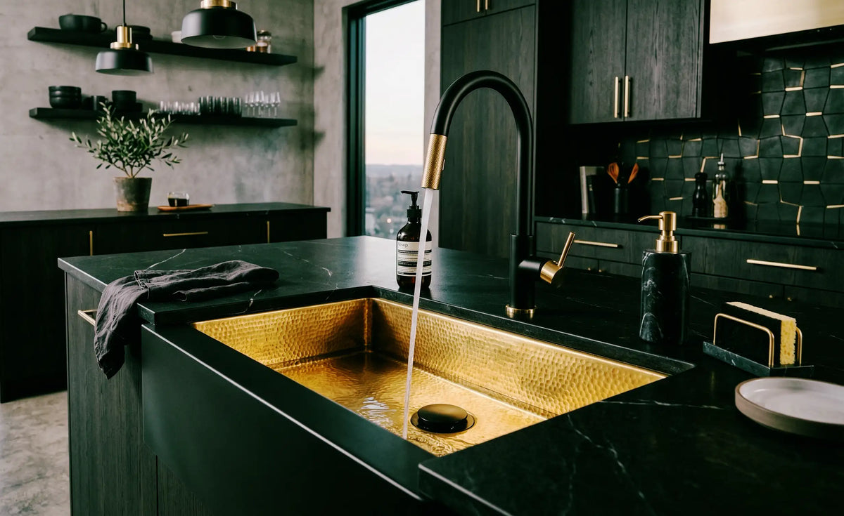 Hammered Brass Farmhouse Sink – Black Apron Front, Handmade Moroccan Kitchen Decor