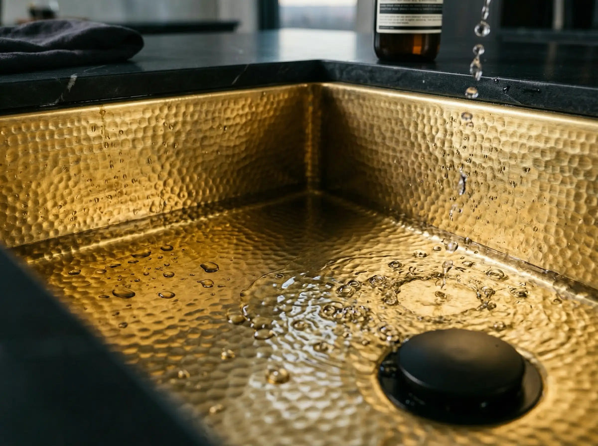 Hammered Brass Farmhouse Sink – Black Apron Front, Handmade Moroccan Kitchen Decor